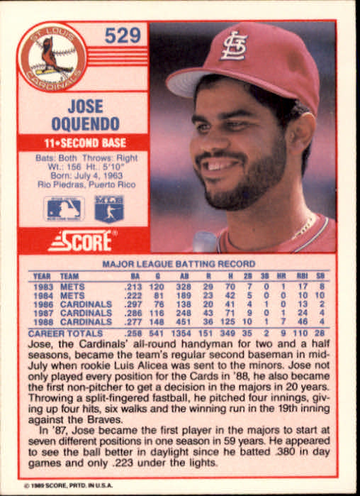 1989 Score #529 Jose Oquendo back image