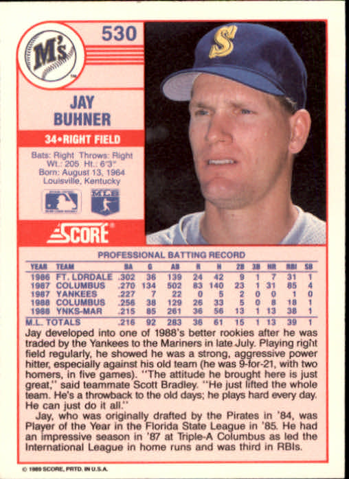 1989 Score #530 Jay Buhner UER/Wearing 43 on front,/listed as 34 on back back image