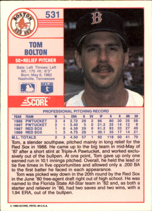 1989 Score #531 Tom Bolton back image