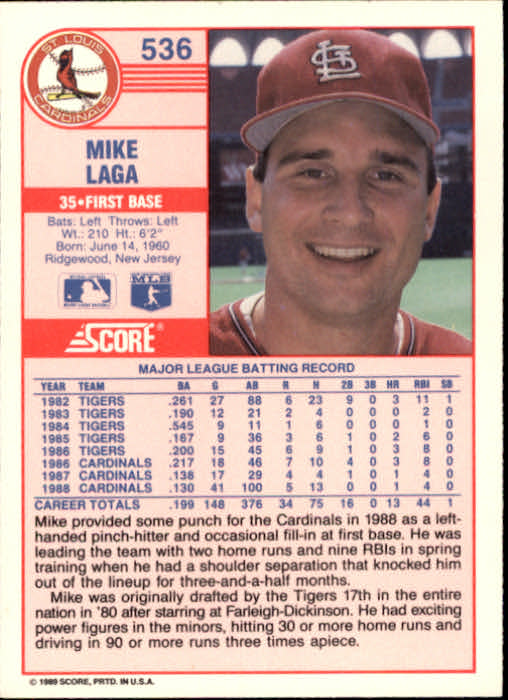 1989 Score #536 Mike Laga back image