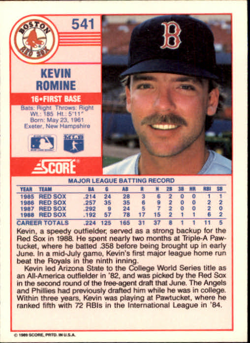 1989 Score #541 Kevin Romine back image
