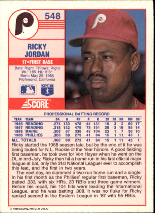 1989 Score #548 Ricky Jordan RC back image