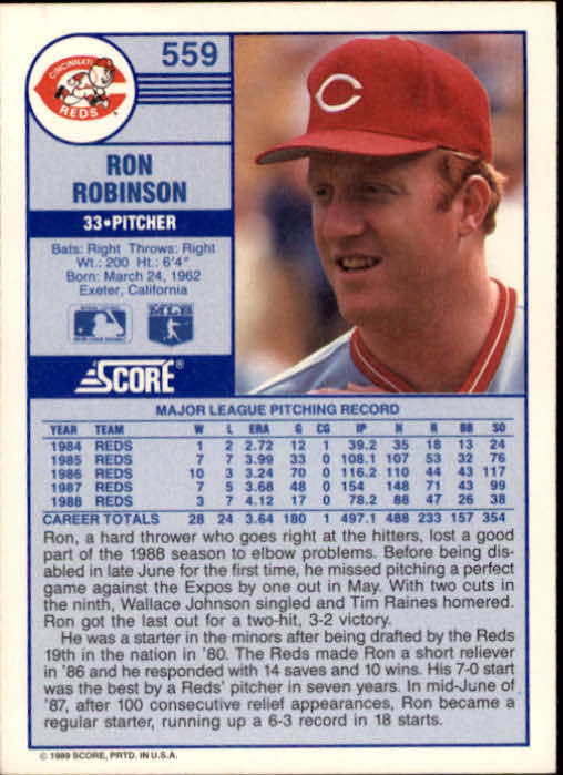 1989 Score #559 Ron Robinson back image