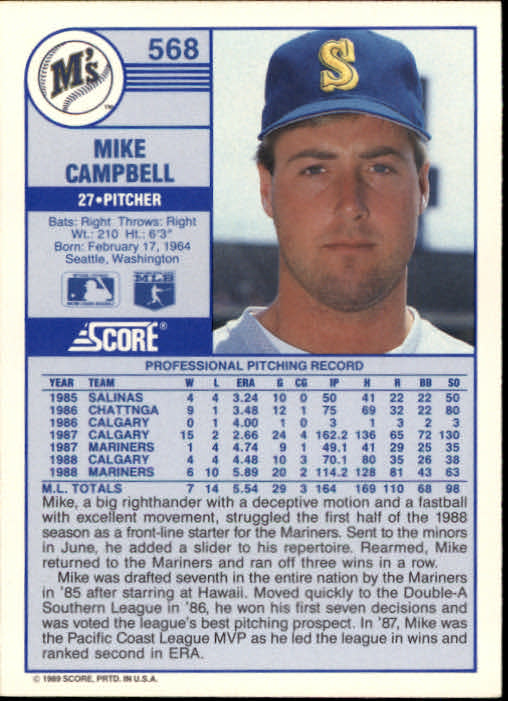 1989 Score #568 Mike Campbell back image