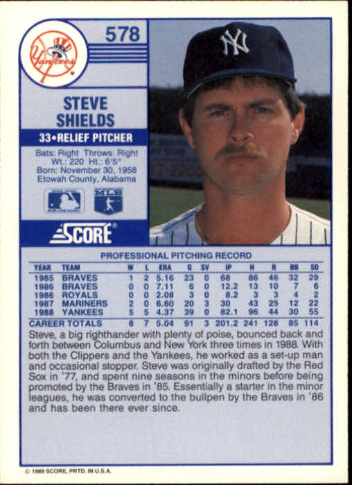 1989 Score #578 Steve Shields back image