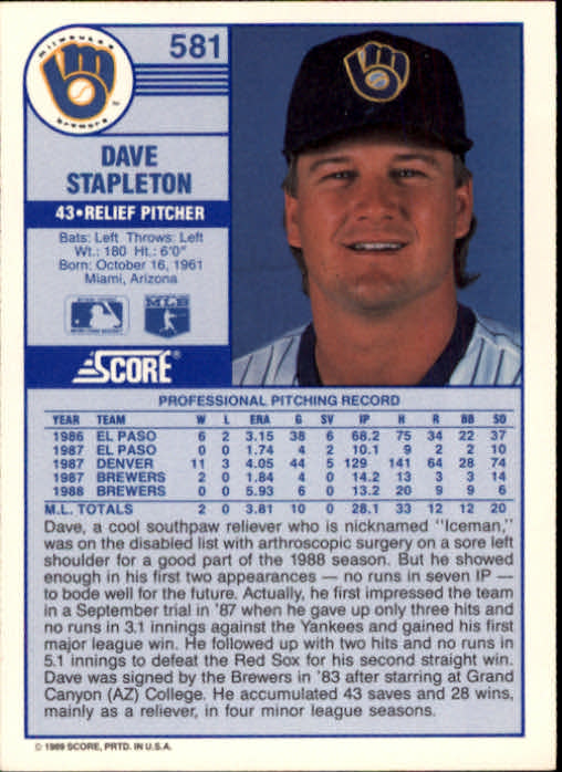 1989 Score #581 Dave Stapleton back image