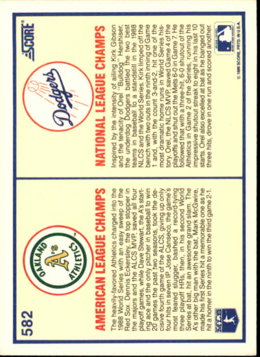 1989 Score #582 Orel Hershiser/Jose Canseco/Kirk Gibson/Dave Stewart WS back image