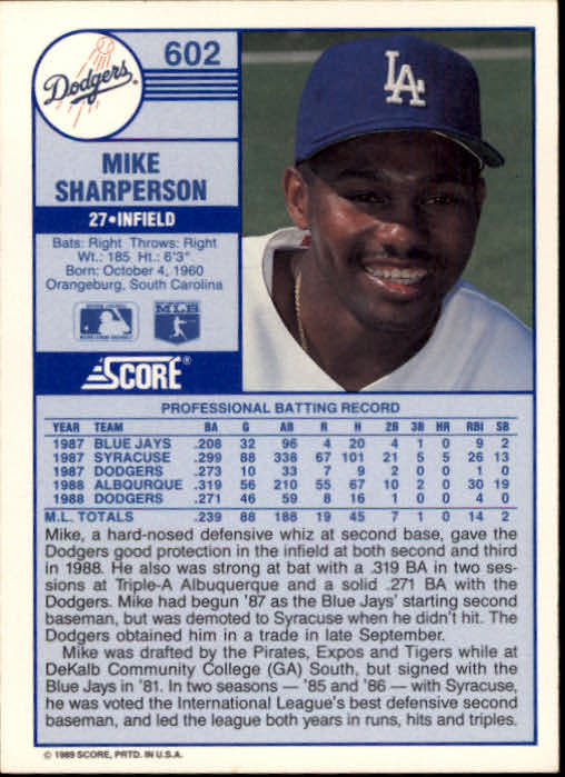 1989 Score #602 Mike Sharperson back image