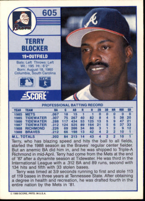 1989 Score #605 Terry Blocker back image