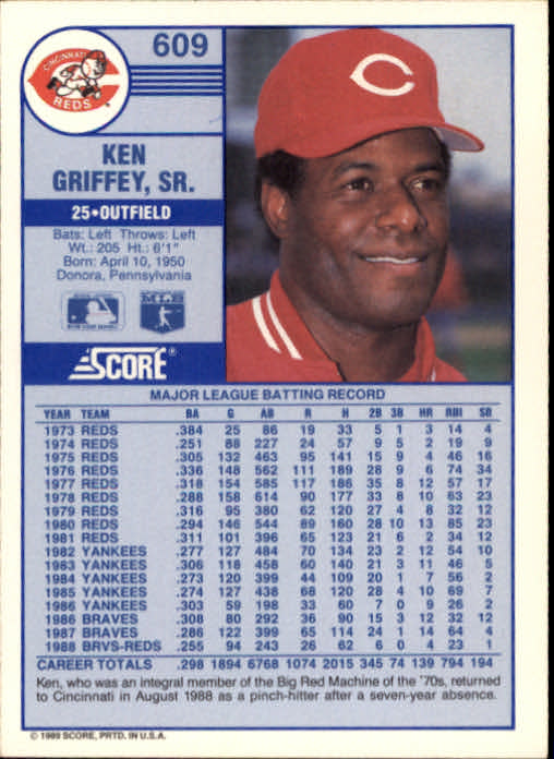 1989 Score #609 Ken Griffey Sr. - NM-MT