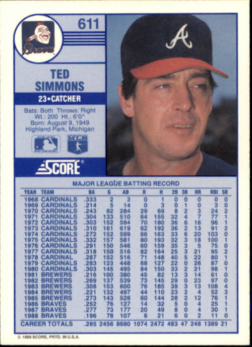 1989 Score #611 Ted Simmons UER/'78 stats Cardinal - EX-MT