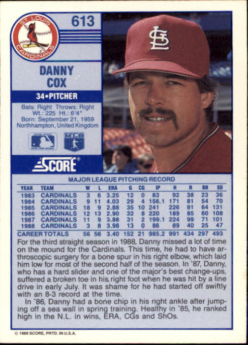 1989 Score #613 Danny Cox back image