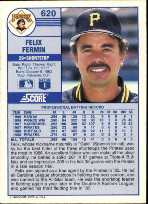 1989 Score #620 Felix Fermin back image