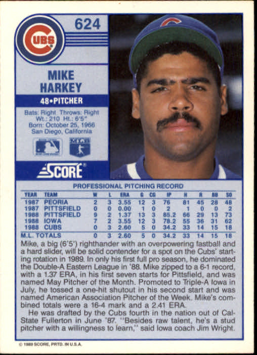 1989 Score #624 Mike Harkey RC UER/13 and 31 walks in '88,/should be 35 and 33 back image