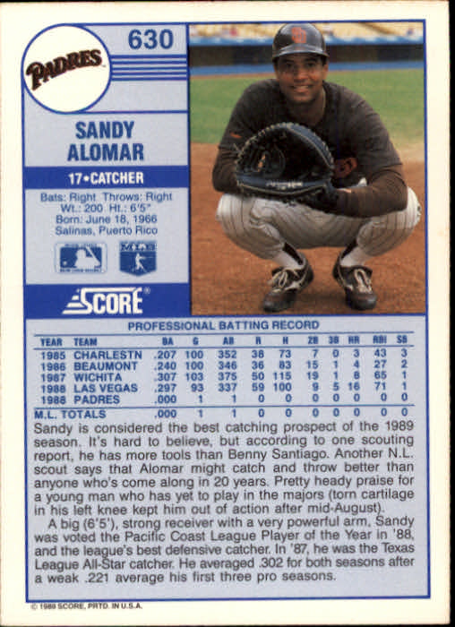 1989 Score #630 Sandy Alomar Jr. RC/Inconsistent design,/portrait on front back image