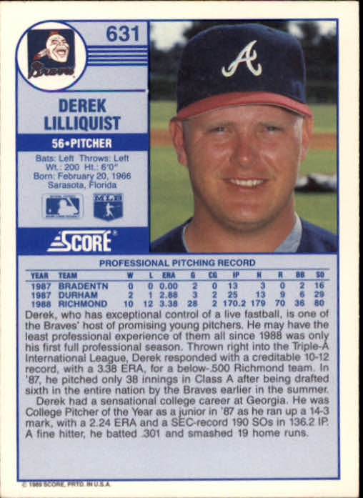 1989 Score #631 Derek Lilliquist RC back image
