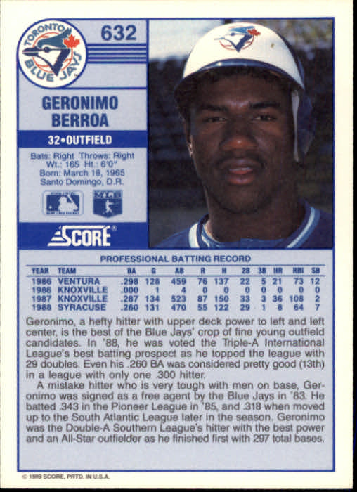 1989 Score #632 Geronimo Berroa back image