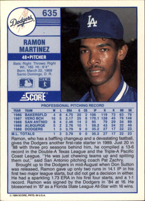 1989 Score #635 Ramon Martinez RC back image
