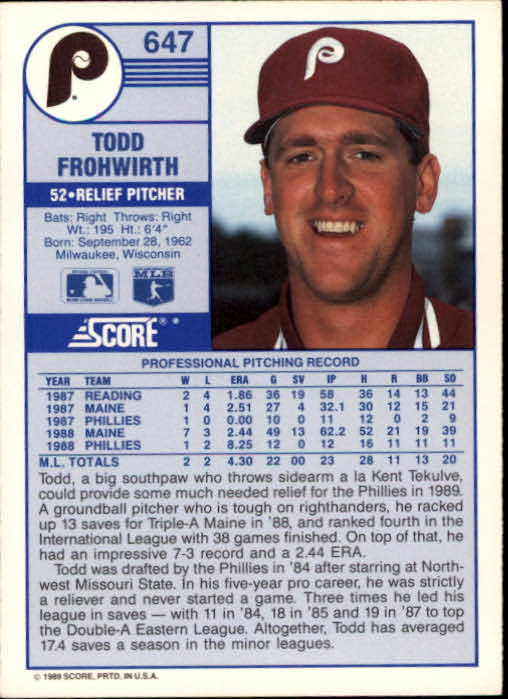 1989 Score #647 Todd Frohwirth UER/Southpaw on back back image