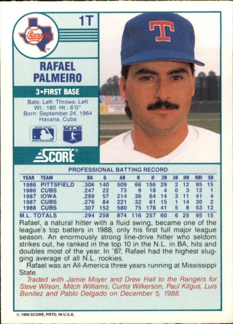 1989 Score Rookie/Traded #1T Rafael Palmeiro back image