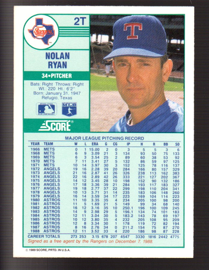 1989 Score Rookie/Traded #2T Nolan Ryan back image