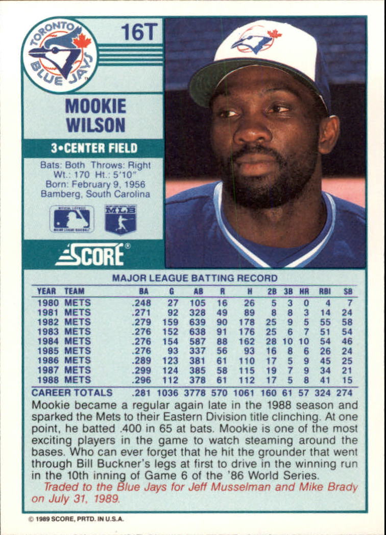 1989 Score Rookie/Traded #16T Mookie Wilson back image