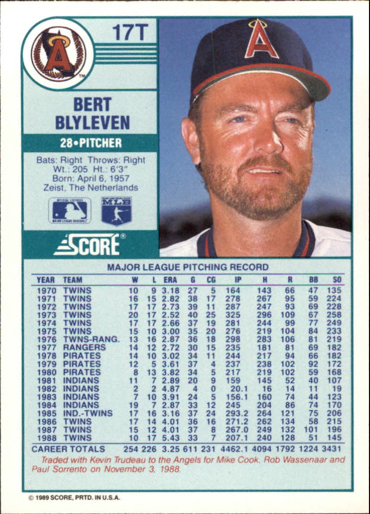 1989 Score Rookie/Traded #17T Bert Blyleven back image