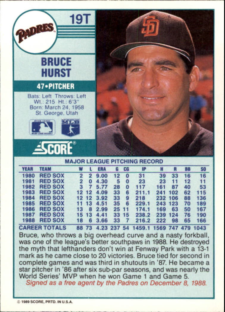 1989 Score Rookie/Traded #19T Bruce Hurst back image