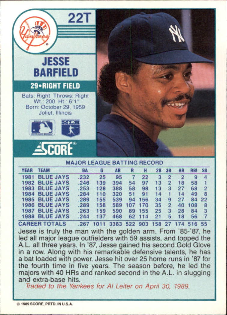 1989 Score Rookie/Traded #22T Jesse Barfield back image