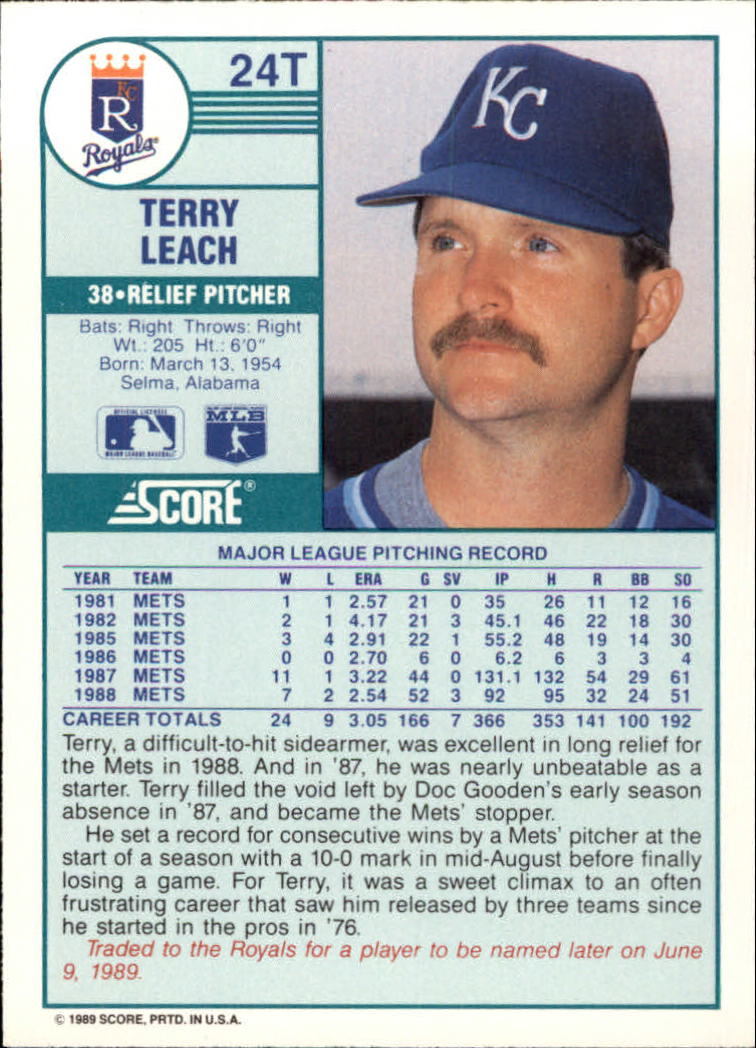 1989 Score Rookie/Traded #24T Terry Leach back image