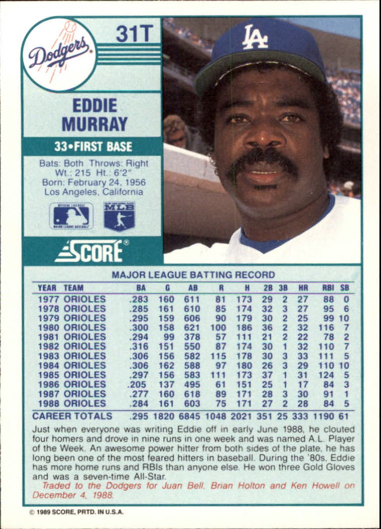 1989 Score Rookie/Traded #31T Eddie Murray back image