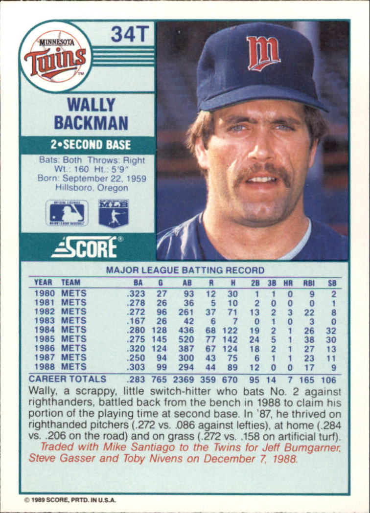 1989 Score Rookie/Traded #34T Wally Backman back image