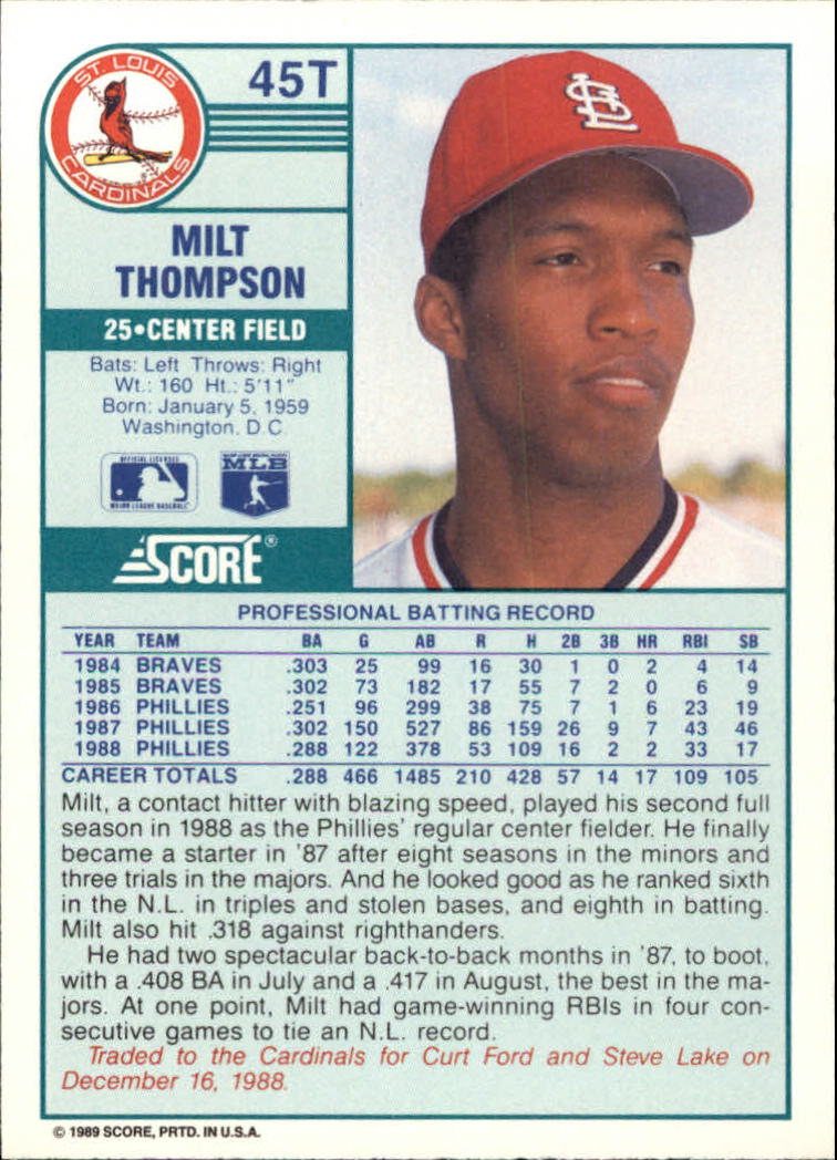1989 Score Rookie/Traded #45T Milt Thompson back image