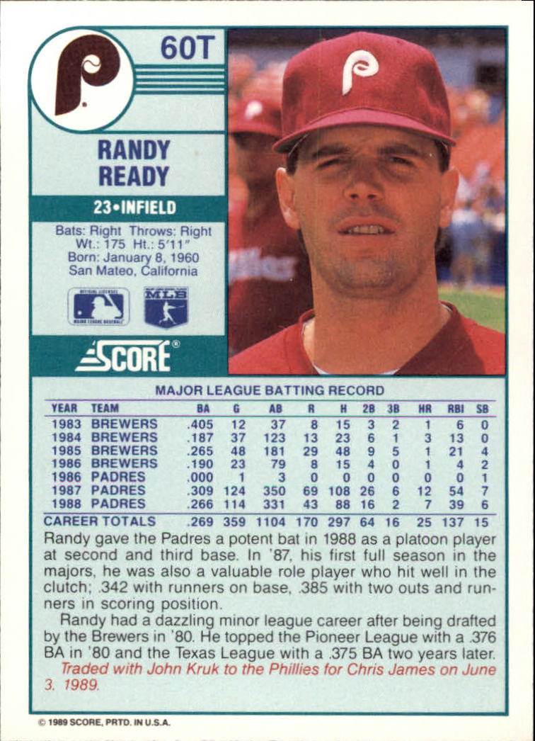 1989 Score Rookie/Traded #60T Randy Ready back image