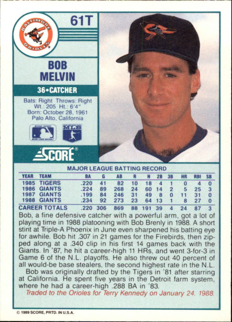 1989 Score Rookie/Traded #61T Bob Melvin back image
