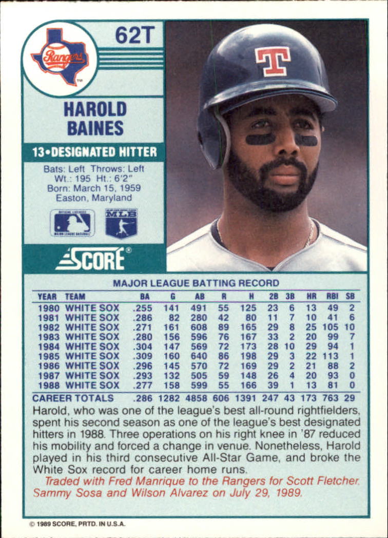 1989 Score Rookie/Traded #62T Harold Baines back image