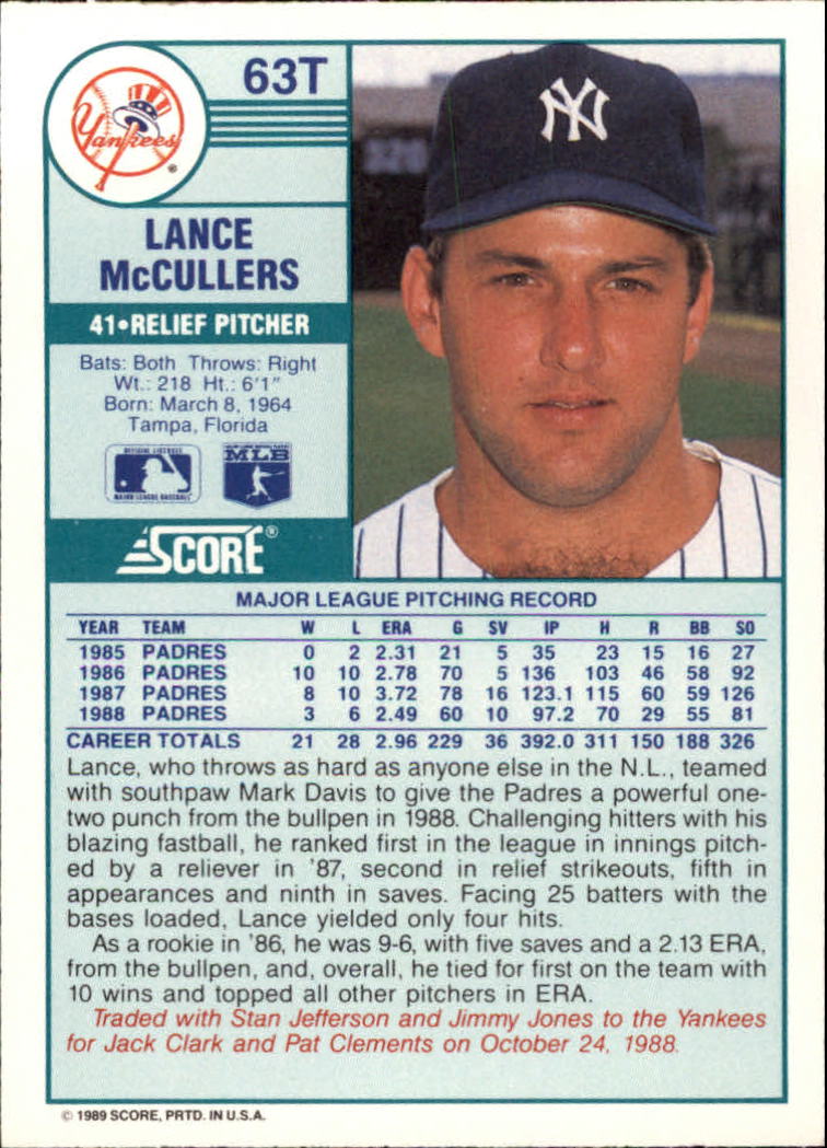 1989 Score Rookie/Traded #63T Lance McCullers back image