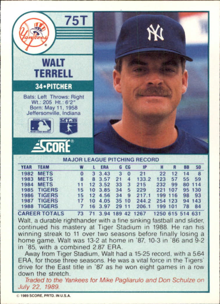 1989 Score Rookie/Traded #75T Walt Terrell back image