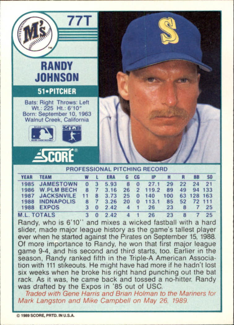 1989 Score Rookie/Traded #77T Randy Johnson back image