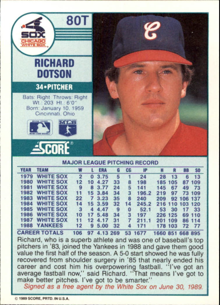 1989 Score Rookie/Traded #80T Richard Dotson back image