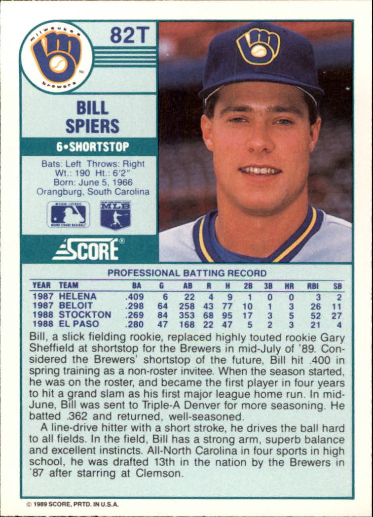 1989 Score Rookie/Traded #82T Billy Spiers RC back image