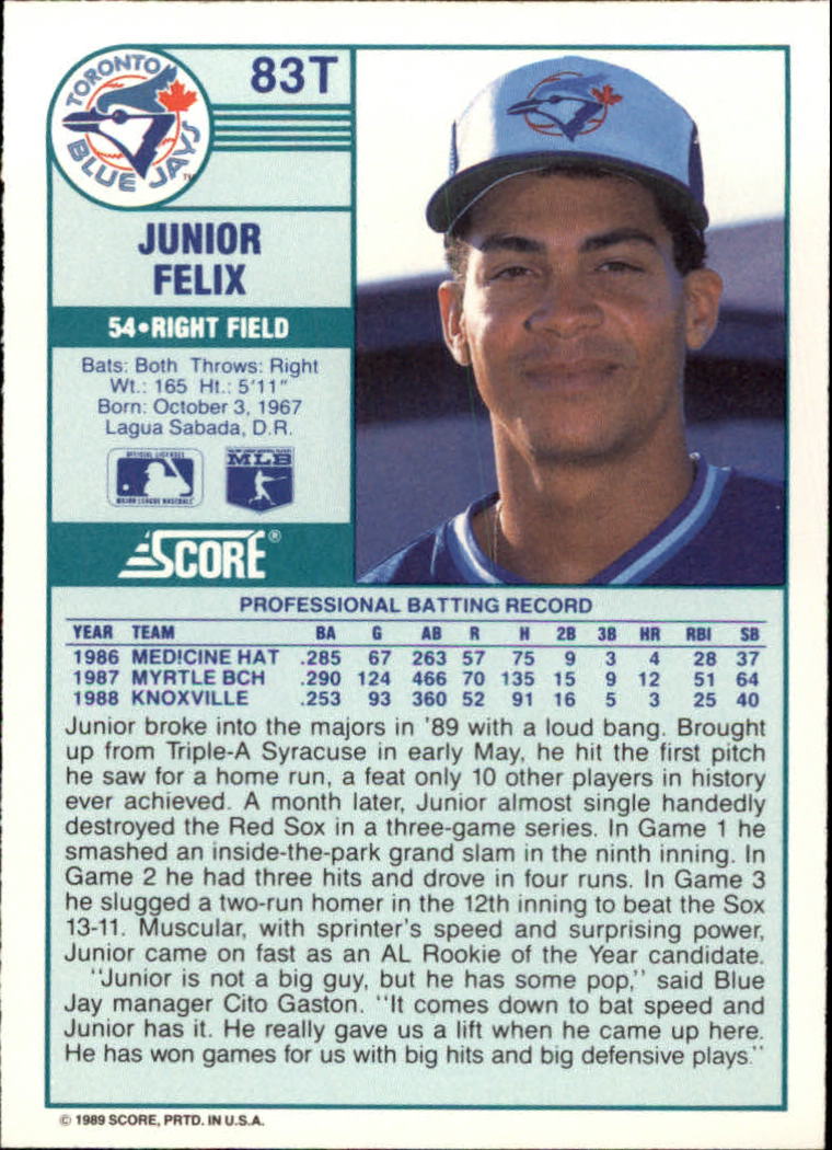 1989 Score Rookie/Traded #83T Junior Felix RC back image