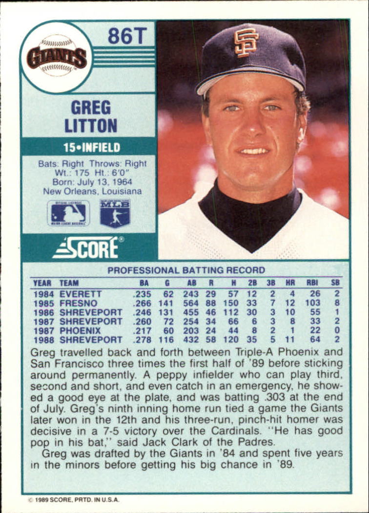 1989 Score Rookie/Traded #86T Greg Litton back image