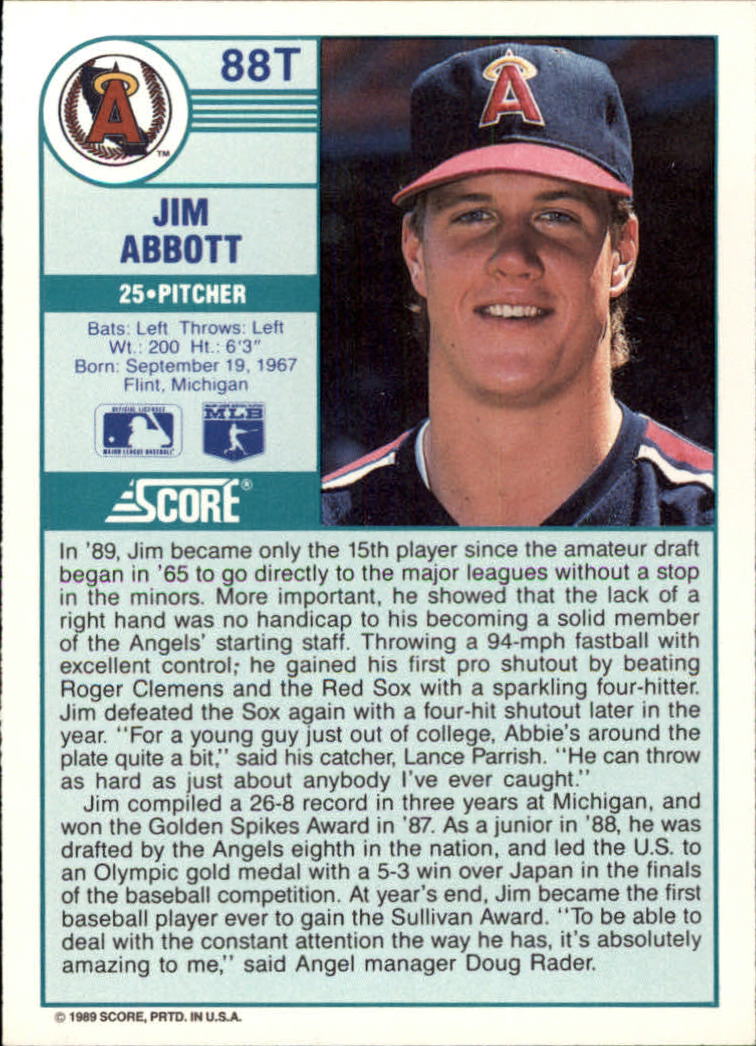 1989 Score Rookie/Traded #88T Jim Abbott RC back image