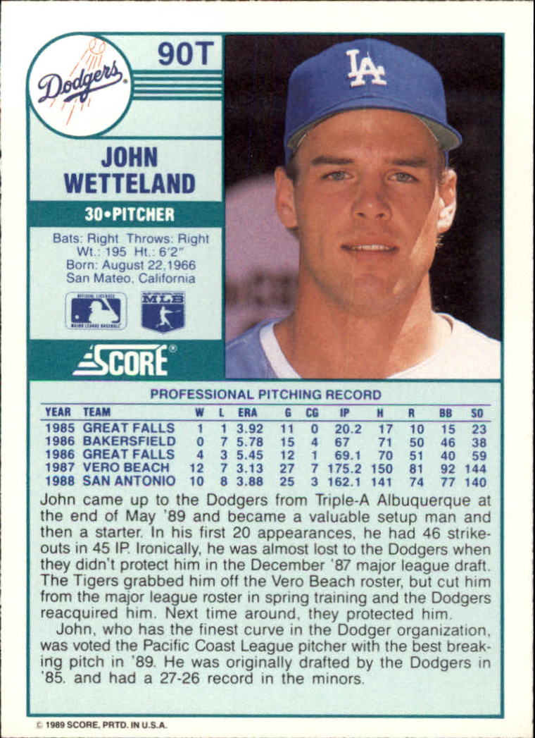 1989 Score Rookie/Traded #90T John Wetteland RC back image