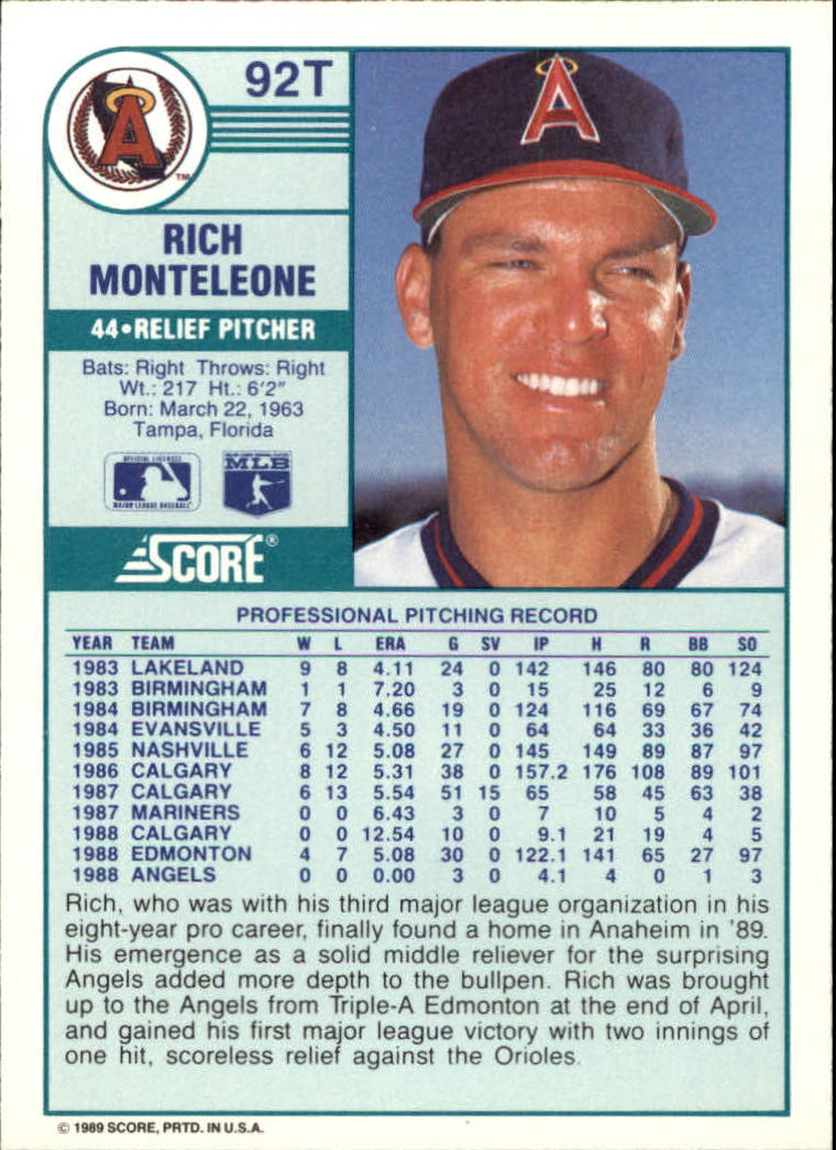 1989 Score Rookie/Traded #92T Rich Monteleone back image