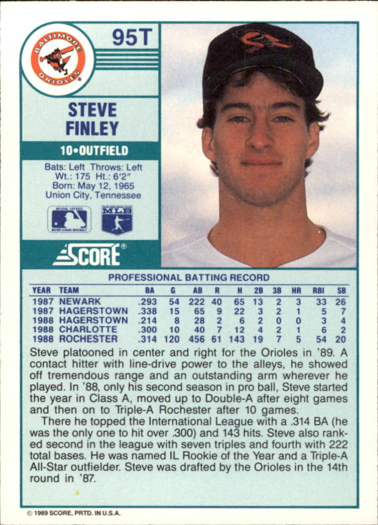 1989 Score Rookie/Traded #95T Steve Finley RC back image