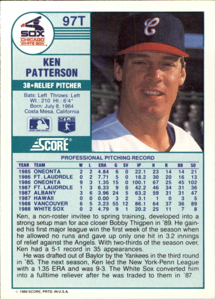 1989 Score Rookie/Traded #97T Ken Patterson back image