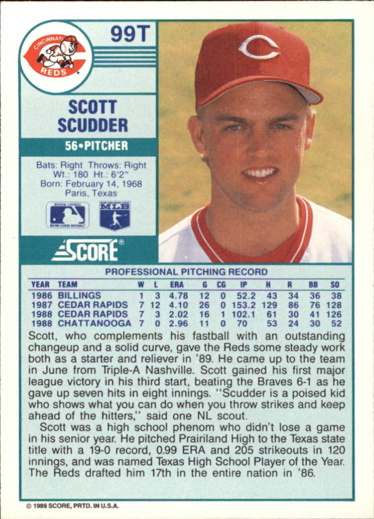1989 Score Rookie/Traded #99T Scott Scudder RC back image