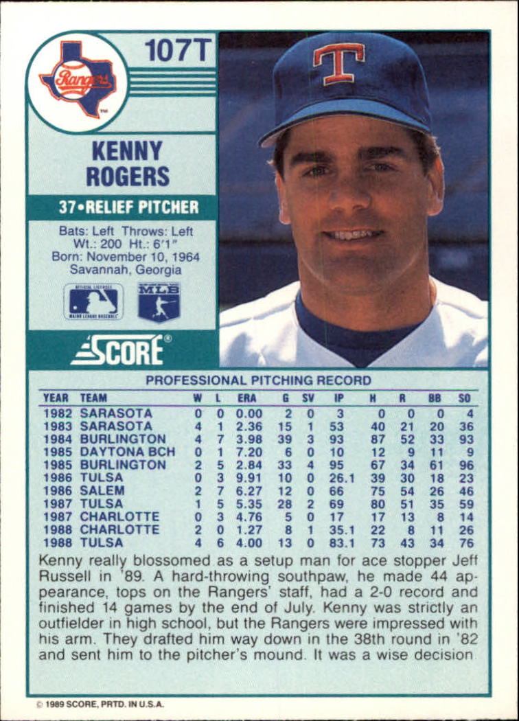 1989 Score Rookie/Traded #107T Kenny Rogers RC back image